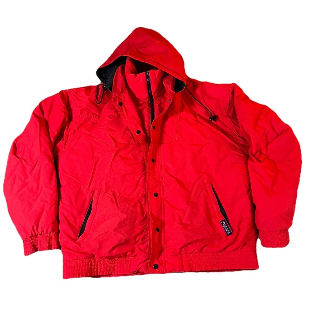 Vintage Jansport Red Puffer Jacket Hooded Winter Coat Mens M USA Made Ski Snow